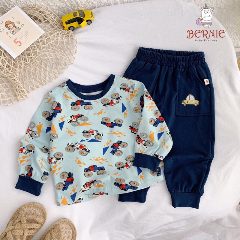 Bộ bé trai dài tay hình ô tô chất cotton cao cấp dày dặn Bernie từ 8-22kg