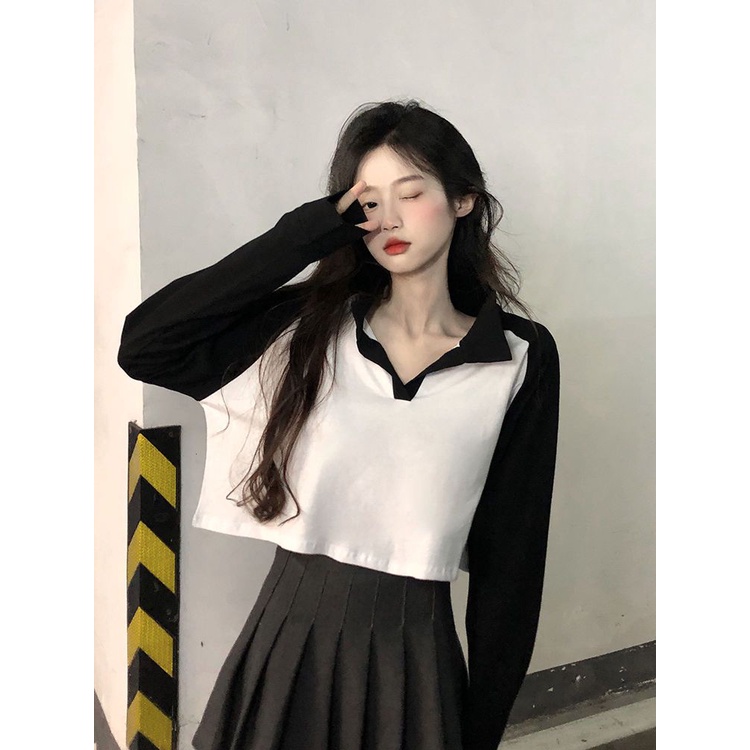 Jiashucheng Áo Thun Ngắn Tay Dài Dáng Rộng Màu Sắc Tương Phản Thời Trang Cho Nữ