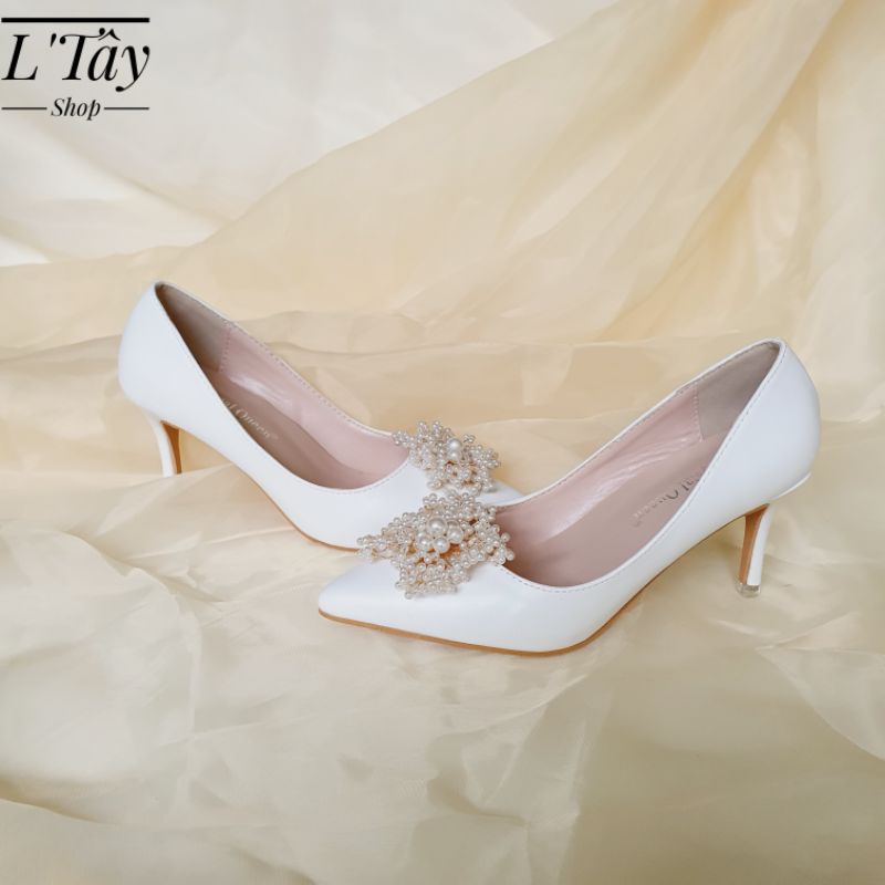 Giày Cưới-Giày Cô Dâu-Giày Cao Gót Dự Tiệc Đính Đá L'Tây -Giày Bít Mũi Đóa Trân Châu