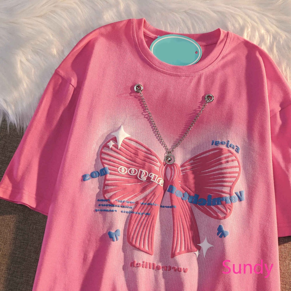 Áo Thun Tay Ngắn Dáng Rộng Phối Nơ Plus Size Thời Trang Hè Xinh Xắn Cho Nữ