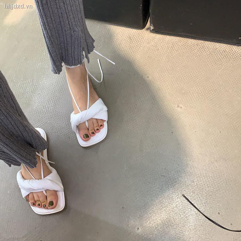 Dép buộc dây đế bệt mũi vuông phong cách Hàn Quốc thời trang mùa hè 2021 mới
