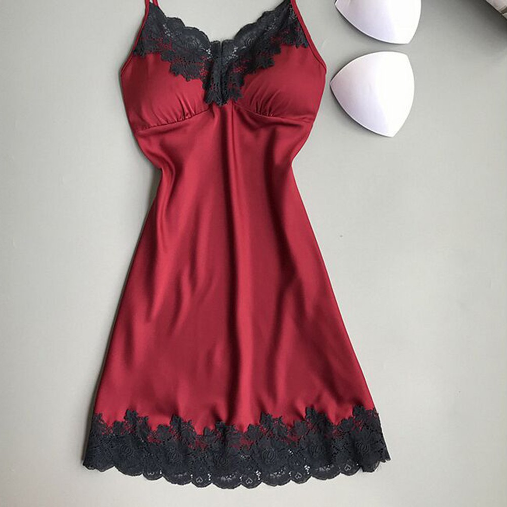 Đầm ngủ hai dây cổ chữ V phối ren gợi cảm cho nữ | BigBuy360 - bigbuy360.vn