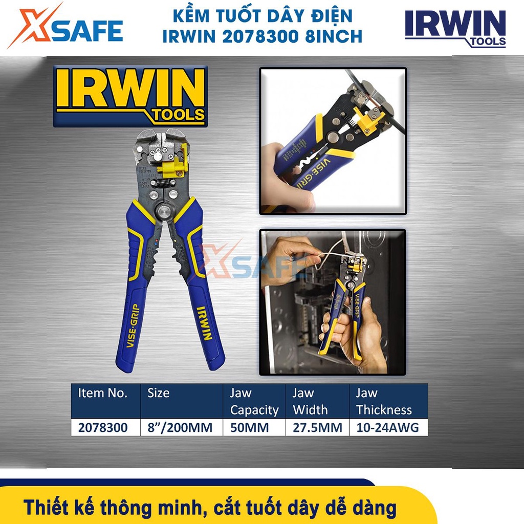 Kềm tuốt dây điện đa năng IRWIN 2078300 8inch, kìm bấm cos đa năng, kích cỡ dây 0.2-6mm, tay cầm cách điện chống trượt