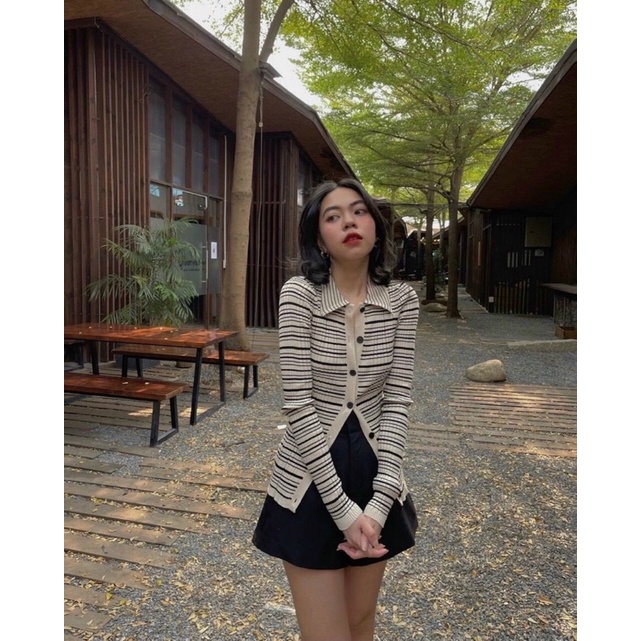 SET ÁO SỌC CỔ POLO CÀI NÚT + SHORT ĐEN