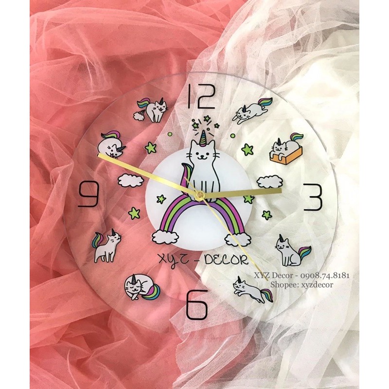 Đồng hồ treo tường mica hình mèo cầu vồng cute size 30 cm