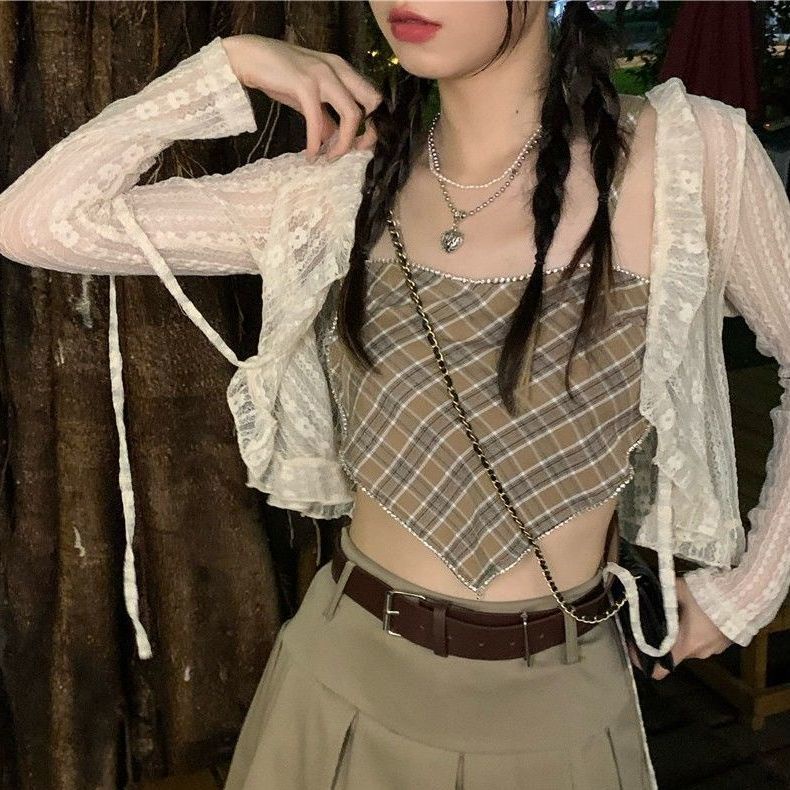 Áo Hai Dây Dáng Ngắn Họa Tiết Kẻ Ô Trái Tim Đính Đá Hở Lưng Quyến Rũ Dành Cho Nữ