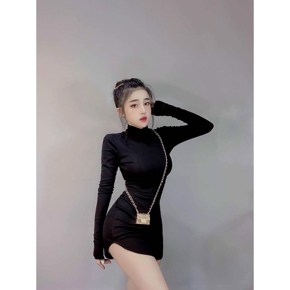 Đầm body sexy dáng ôm hở lưng dây kéo sau lưng, đầm thun đen cổ cao tay dài dáng ngắn dạo phố cực tôn dáng, dễ thương