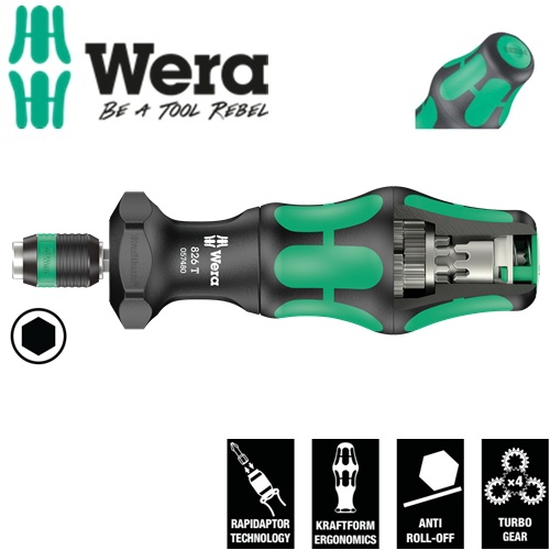 Cán vặn vít Wera 05057480001 826 T Kraftform Turbo bits handholder with Rapidaptor quick-release chuck