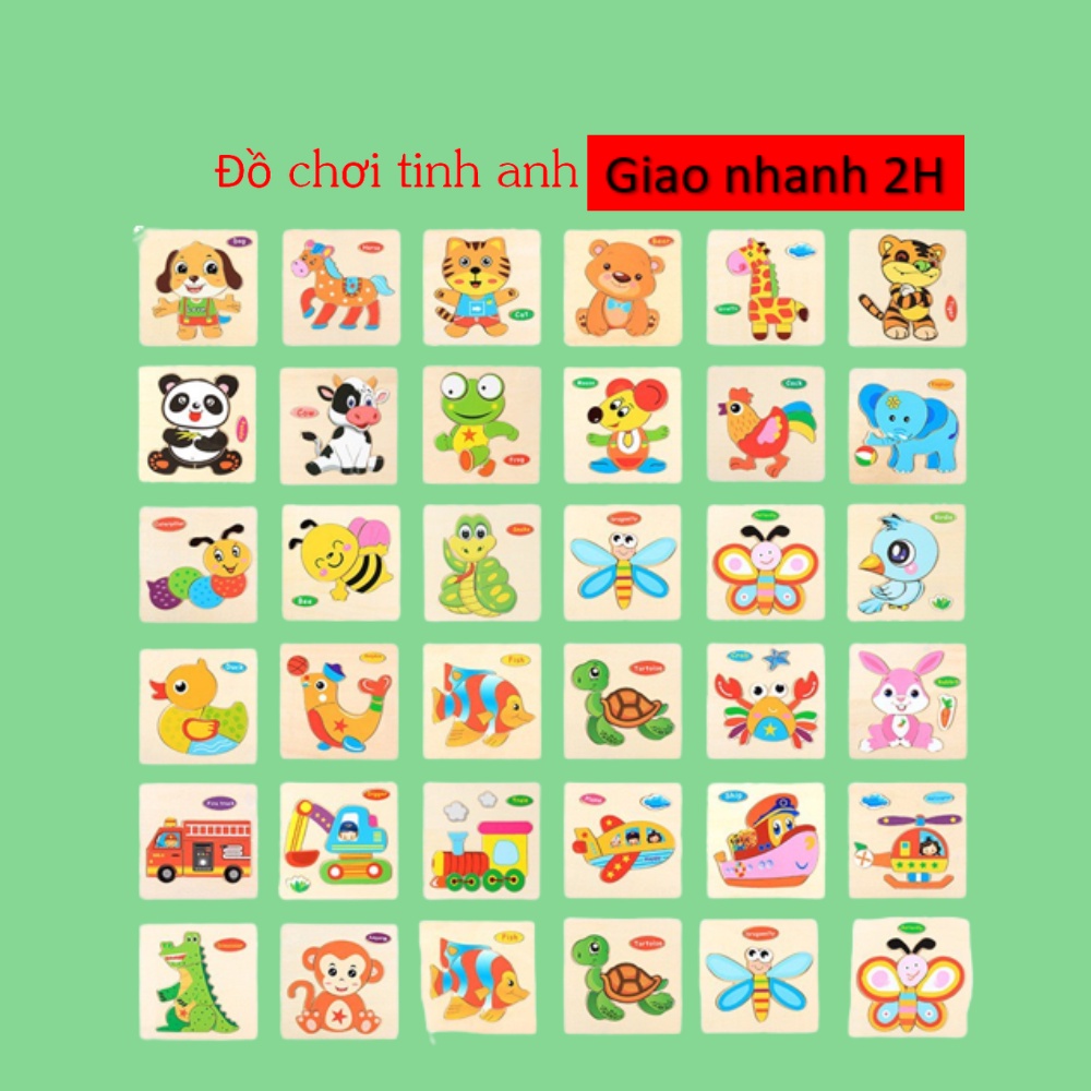 Đồ chơi gỗ - Ghép hình ít mảnh cho bé từ 2 tuổi nhiều hình động vật, trái cây, xe cộ