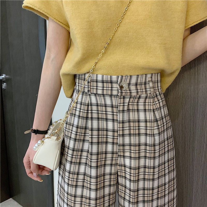 Spring and summer new plaid high waist drape loose and versatile straight-leg pants，cheap borong of Koreanfashion women's clothing readystock 210517