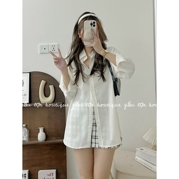 Áo sơ mi trơn basic dáng rộng túi ngực ulzzang