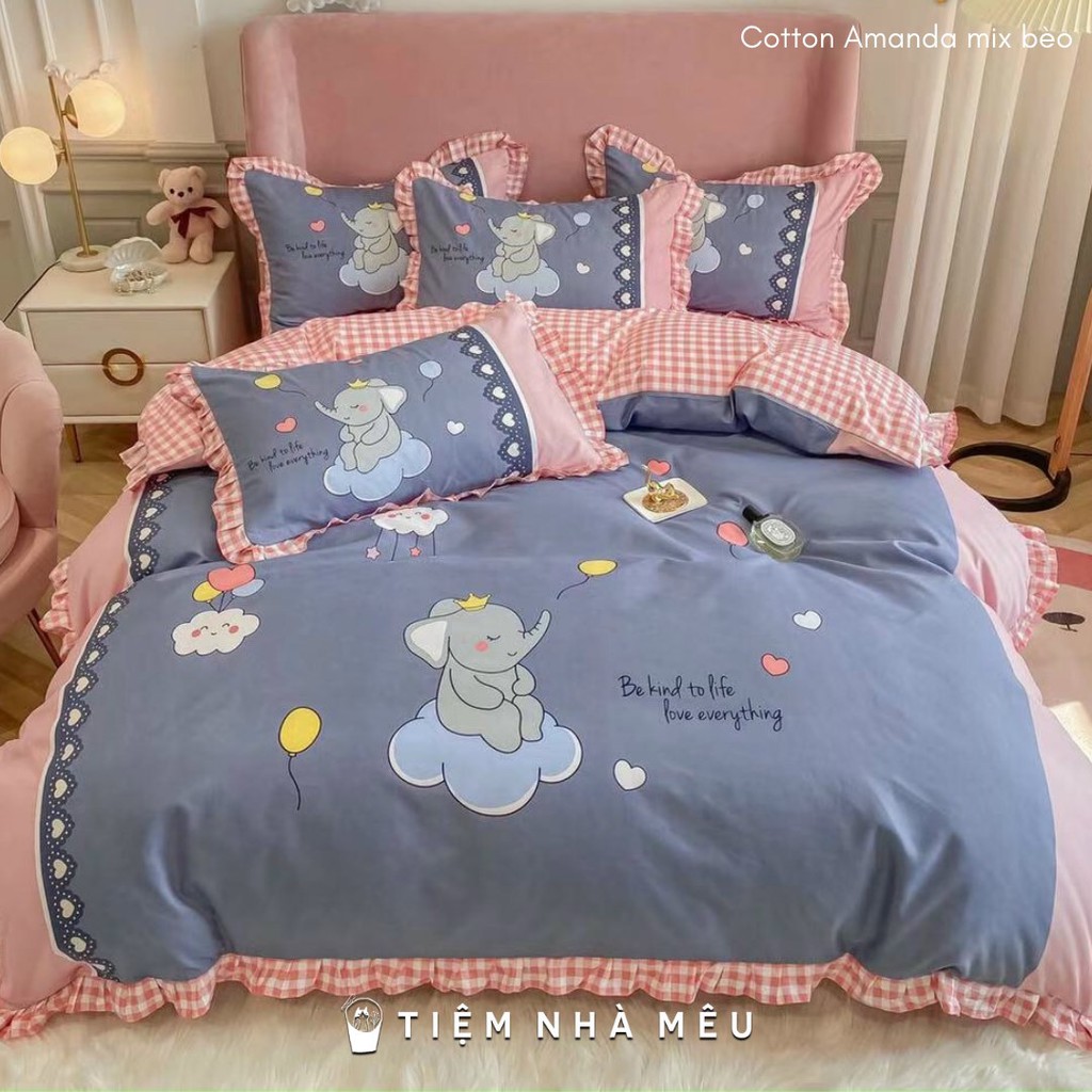 Bộ Chăn Ga Gối Cotton 100%✨m6/m8/2m -Tiệm Nhà Mêu✨2 Vỏ gối ,drap , vỏ chăn Cotton Amanda Họa Tiết Mới Viền Bèo Dễ Thương