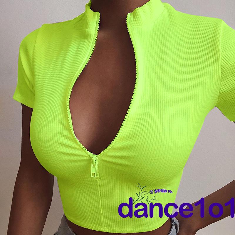 Áo Croptop Ngắn Tay Phối Khóa Kéo Thời Trang Nữ Gợi Cảm