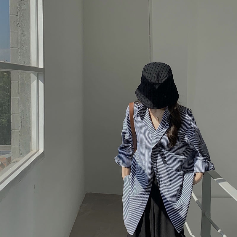 SUXI Áo Sơ Mi Nữ Tay Dài Dáng Rộng Kẻ Sọc Phong Cách Hàn Quốc