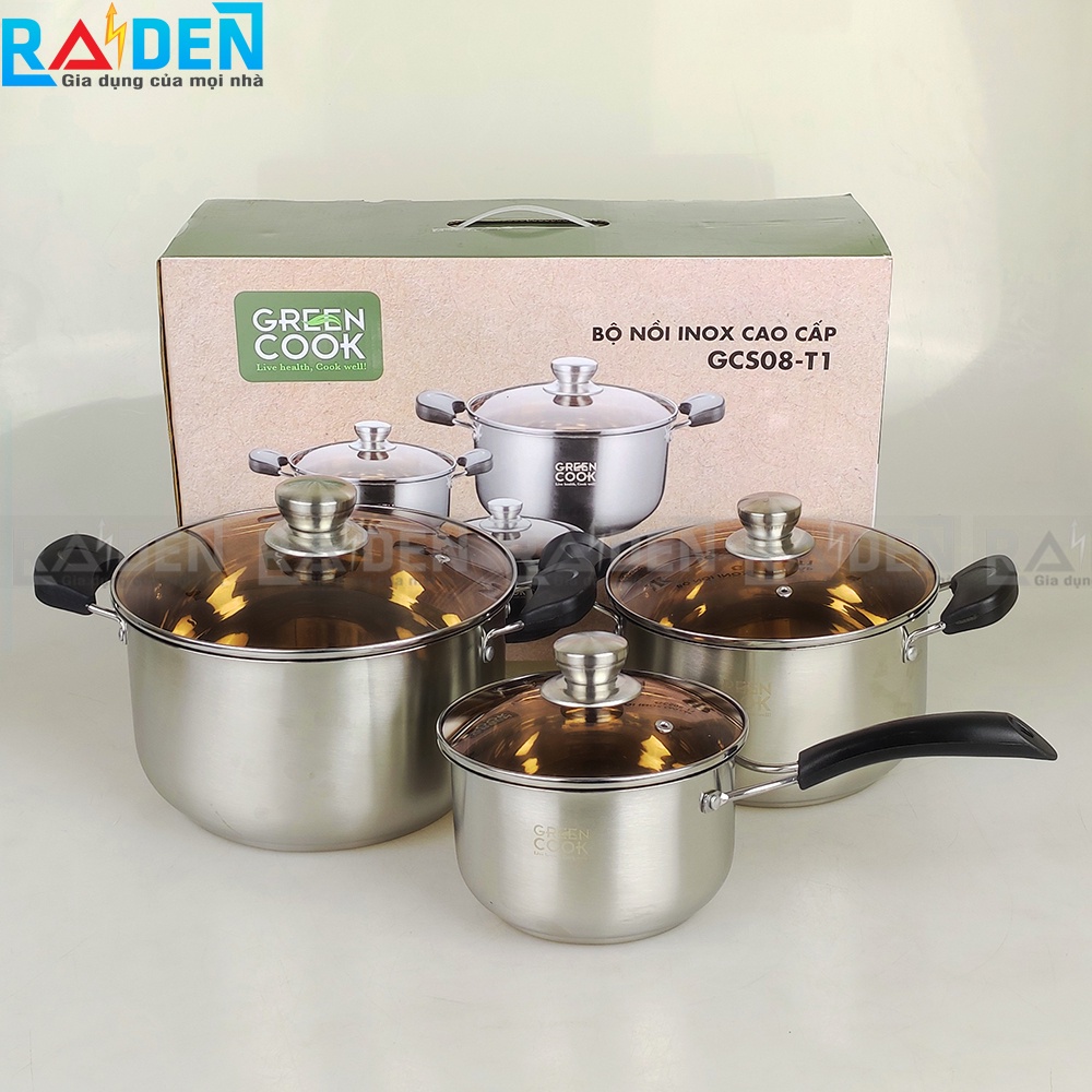 [Chính hãng] Bộ 3 nồi quánh inox Greencook GCS08-T1 đế liền nhiều lớp chống cong đáy, dùng được bếp từ