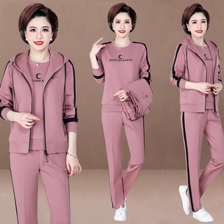 ▲✸♀Bộ Đồ Thể Thao Ba Món Có Mũ Trùm Thời Trang Xuân Thu Dành Cho Nữ Trung Niên