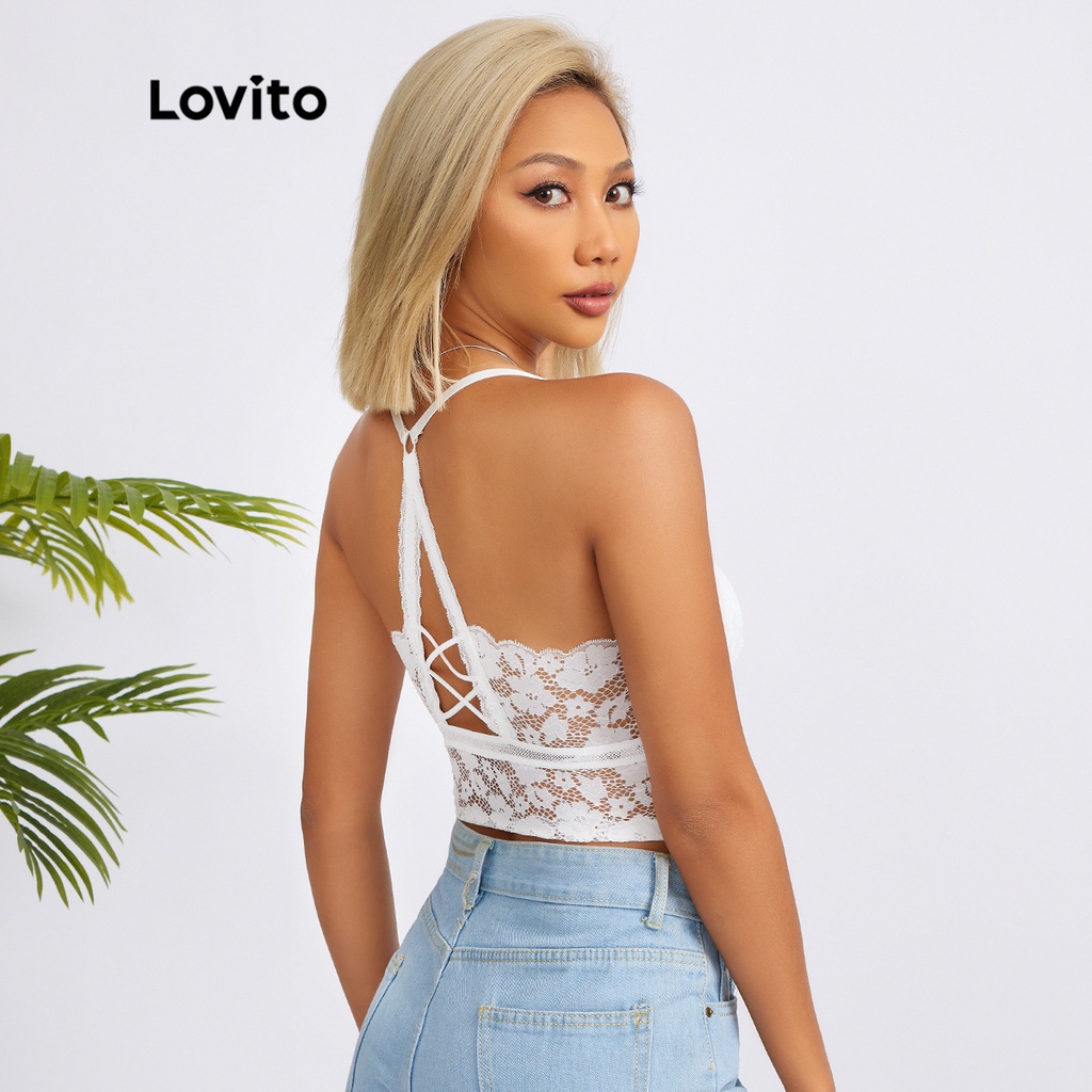 Áo ngực Lovito hở vai đan dây chéo màu trơn phối ren với đệm che hết có thể tháo rời phong cách thường ngày L18X287 (Màu trắng/đen)
