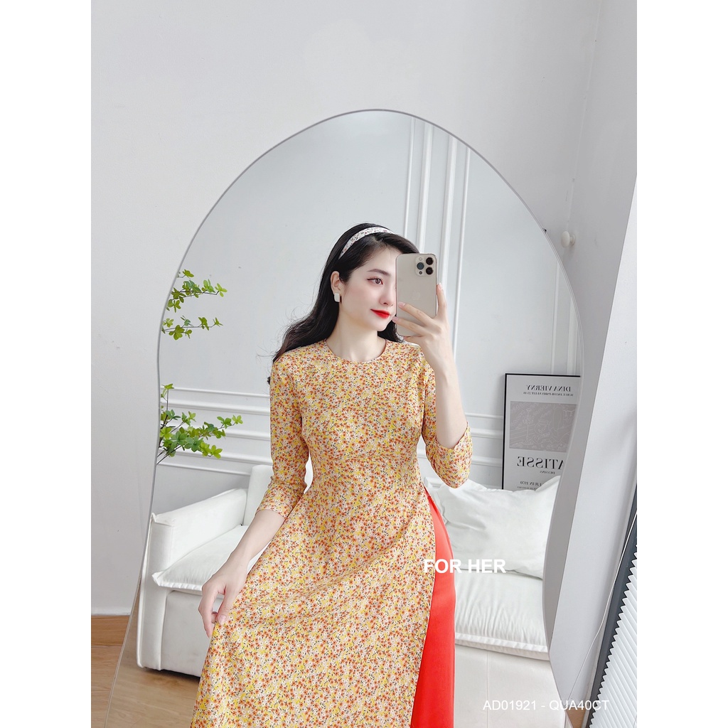 Áo dài Cách tân nữ hoa nhí cổ tròn hoa nhí vàng AD01921