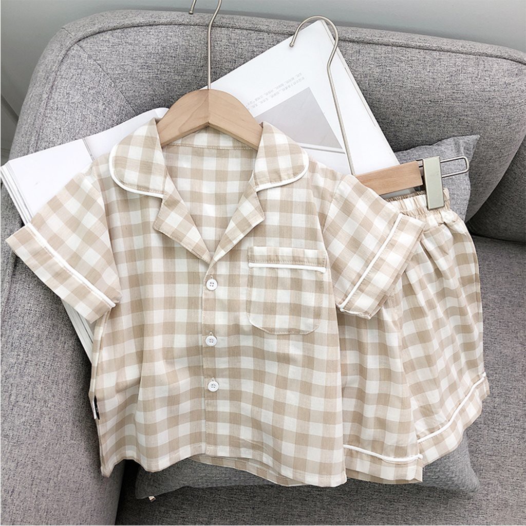 Bộ Sơmi cho bé trai KANGMIN. Quần Áo cộc tay có cổ hình caro đi biển biển chất cotton cho bé Từ 7-28Kg