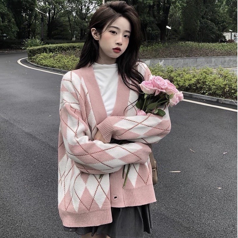 Áo khoác cardigan len nữ kẻ sọc caro kim cương cao cấp, Áo khoác len nữ dài tay dáng rộng phong cách Hàn Quốc