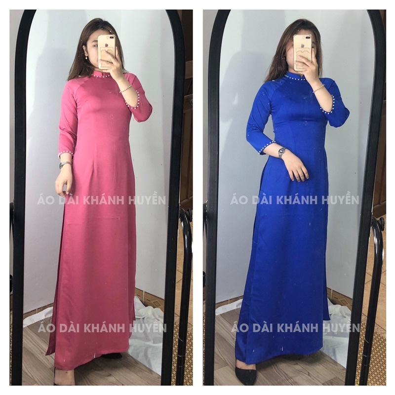 Áo dài nữ 2 tà cổ cao đính ngọc trai may sẵn vải lụa tây thi mặc đi làm lễ hội tết đẹp