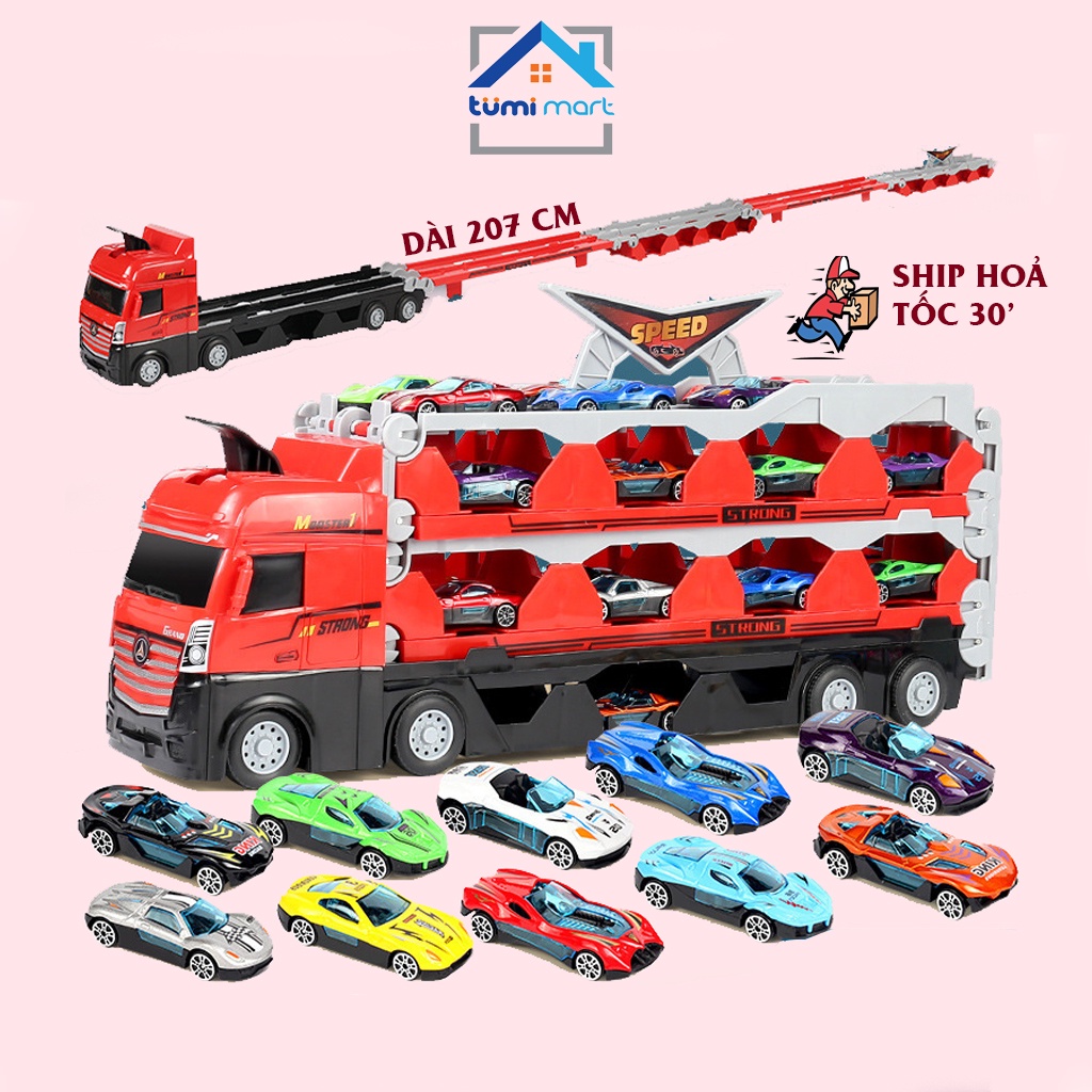 Mô Hình Xe Tải Đường Đua, Mô Hình Xe Phóng Xe Đua Siêu Dài Có Thể Gấp Gọn - Ô Tô Đồ Chơi Xe Container Tặng Xe Đua