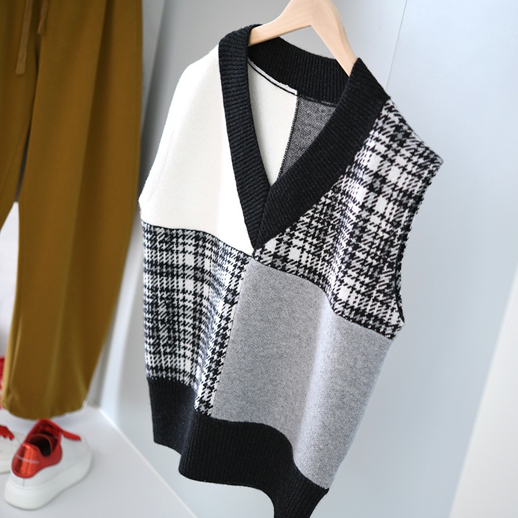 Áo len NZN không tay dáng rộng cổ chữ V họa tiết sọc caro 2 màu phong cách retro độc đáo