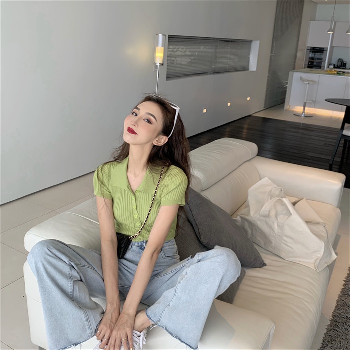 Áo thun polo dệt kim tay ngắn thiết kế thời trang phong cách Hàn Quốc cho nữ