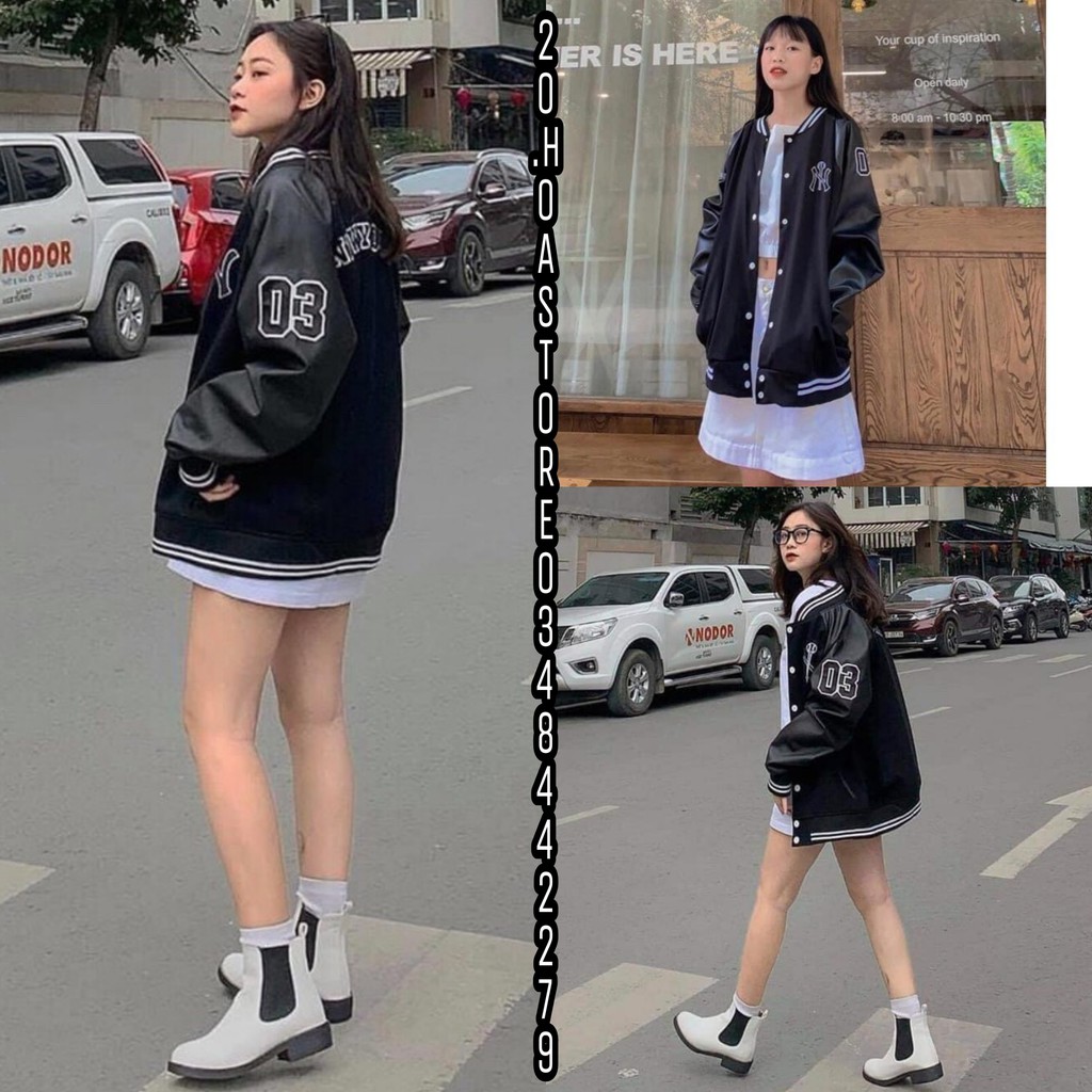 ÁO KHOÁC BOMBER TAY PHỐI DA NY - BOMBER JACKET BÓNG CHÀY NỈ PHA DA NEW YORK 03 CÚC BẤM