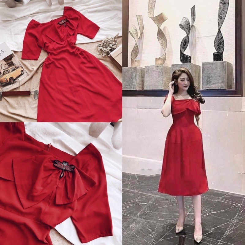 bán sỉ váy đỏ nơ lệch