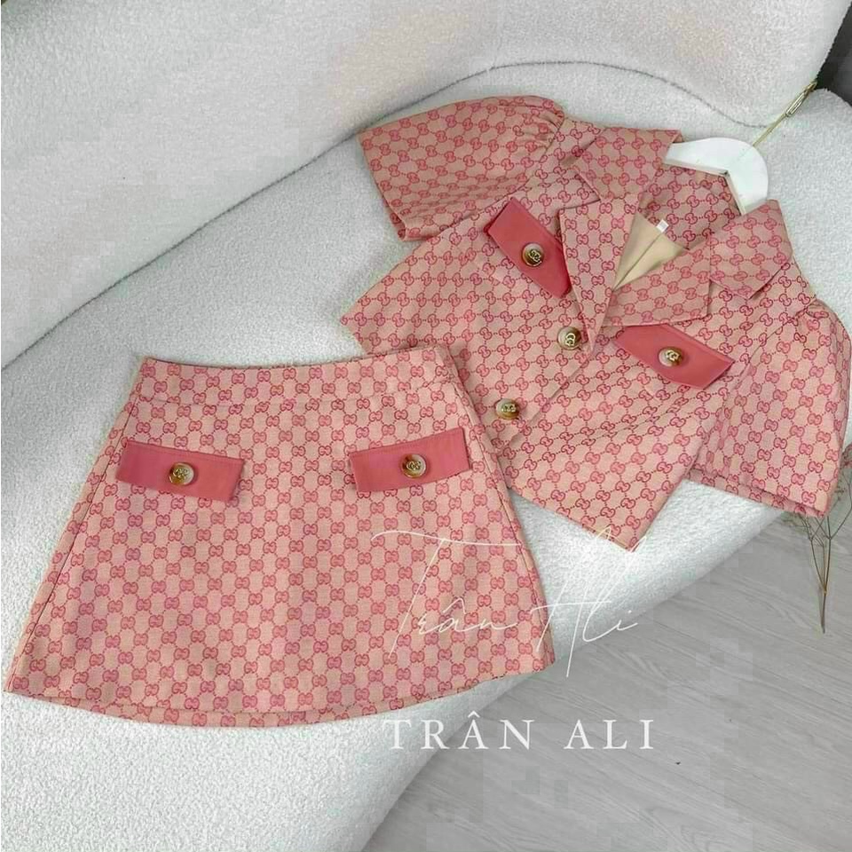 Set váy nữ in họa tiết phối túi , set áo cổ vest tay búp croptop+ chân váy chữ A in kín sang chảnh