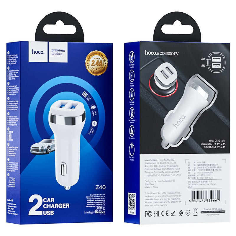 [Thoto Store] Tẩu sạc ô tô Hoco Z40 - Tẩu sạc nhanh điện thoại trên xe hơi | đầu ra 2 cổng USB 2.4A - Hàng chính hãng