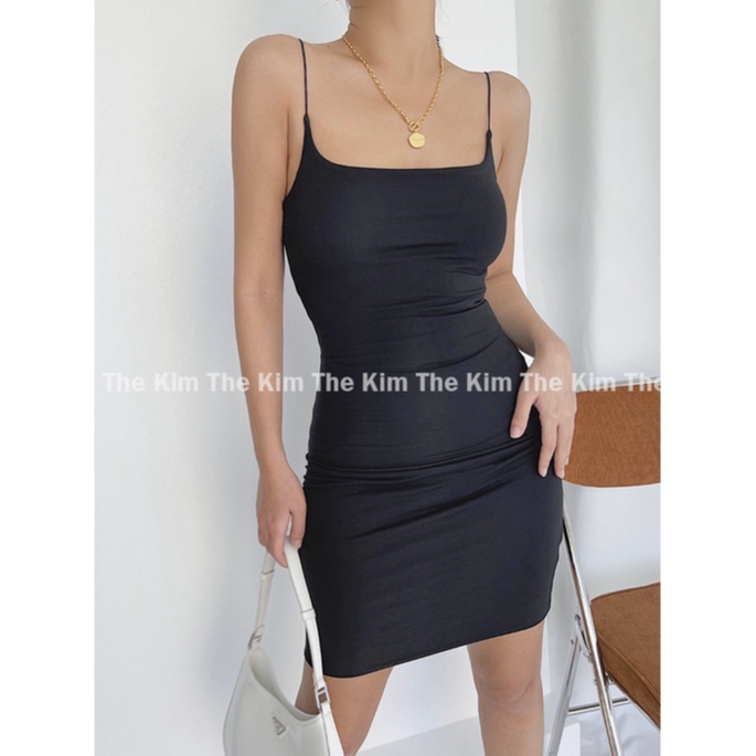 Đầm body cotton 2 lớp vải , váy thun hai dây nhọn dài trên gối mini dress V114 The Kim