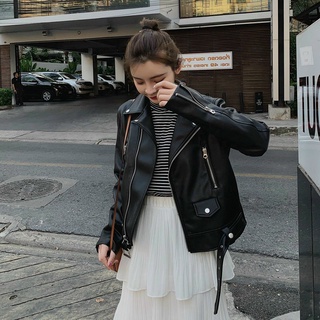 Áo khoác da nữ cổ bẻ dáng rộng