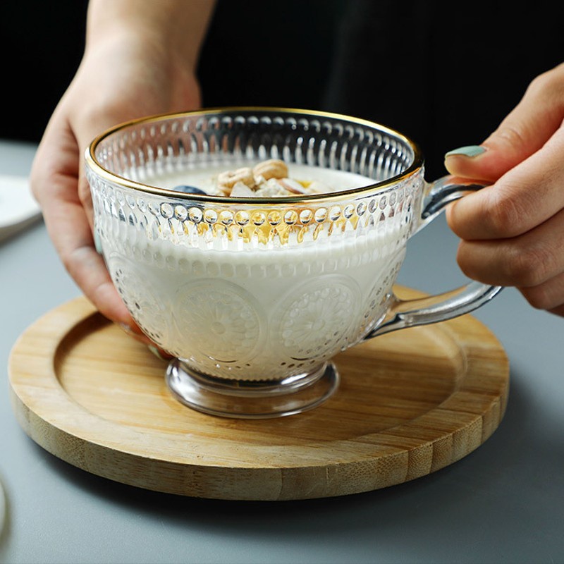 Ly thủy tinh dễ thương uống sinh tố Lipton viền vàng phong cách Hàn Quốc, Cốc thủy tinh cao cấp chịu nhiệt 480ml