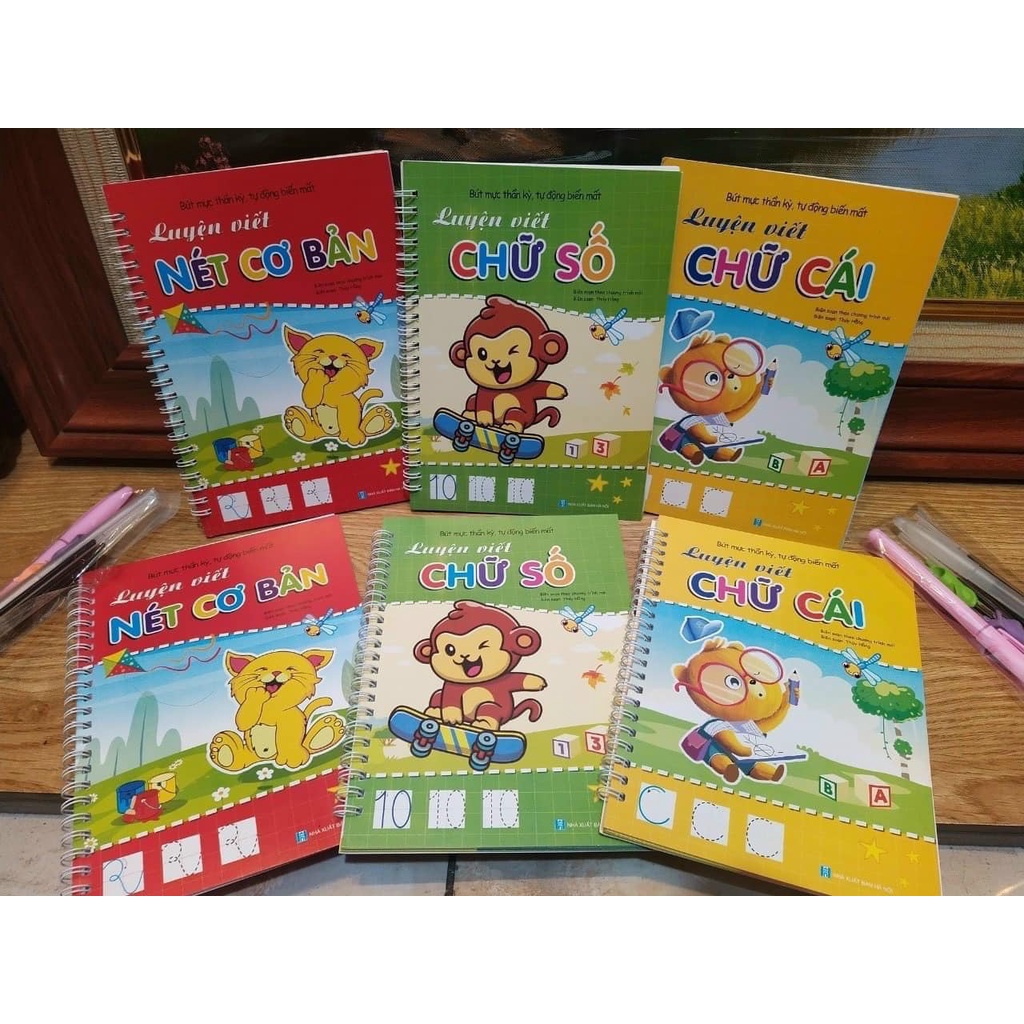 Bộ 3 Vở tập viết nét Lõm TỰ XÓA kèm bút tự bay màu cho bé luyện dễ dàng (2bút + 6ngòi + 2 định vị cầm bút)