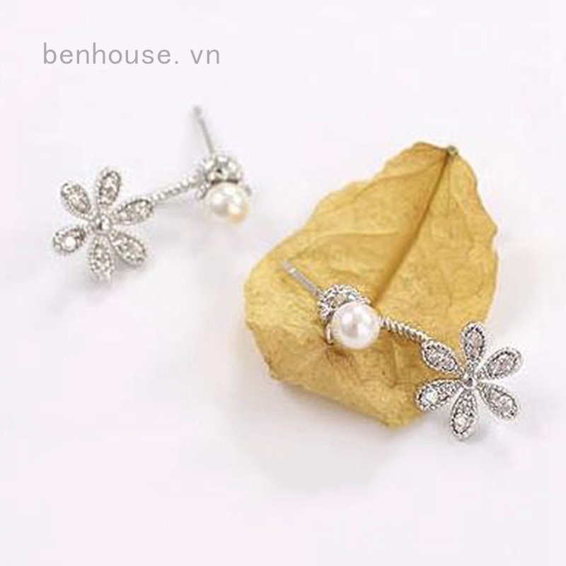 Khuyên tai mặt hoa khảm đá phối ngọc trai thời trang sang trọng cho nữ