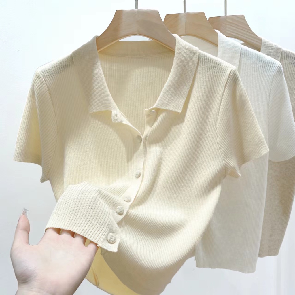 Xiaozhainv Áo Cardigan Dệt Kim Tay Ngắn Dáng Rộng Cổ Polo Phong Cách Hàn Quốc Có 3 Màu Cho Nữ | BigBuy360 - bigbuy360.vn