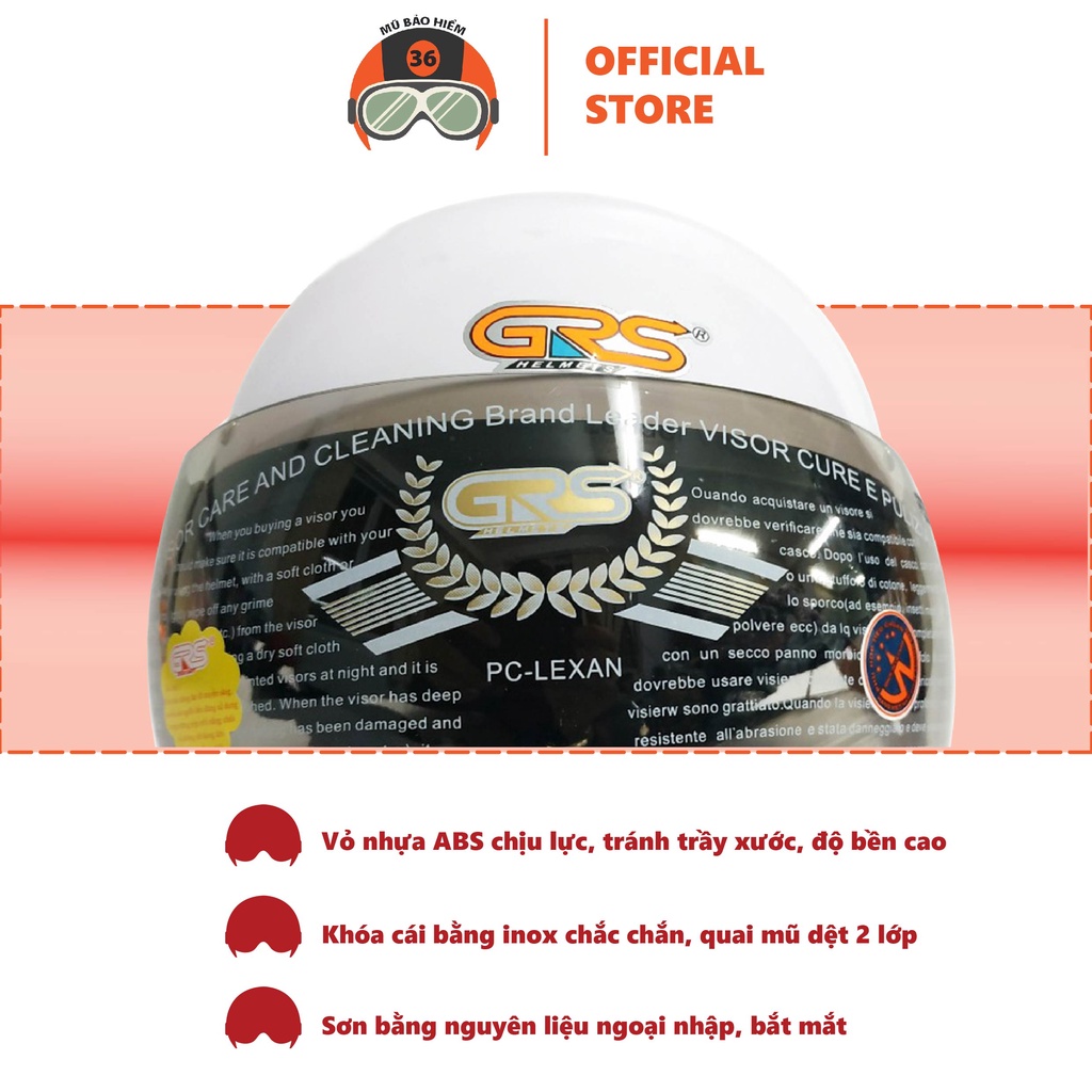 Mũ bảo hiểm nửa đầu có kính GRS A08K size bé (màu trắng)
