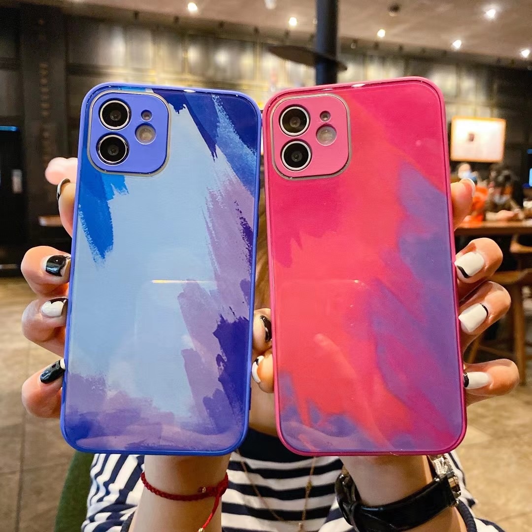 Ốp lưng bằng kính màu gradient sang trọng có vỏ silicone bảo vệ ống kính dùng cho iPhone 12 11 Pro 7 8 Plus X XR XS