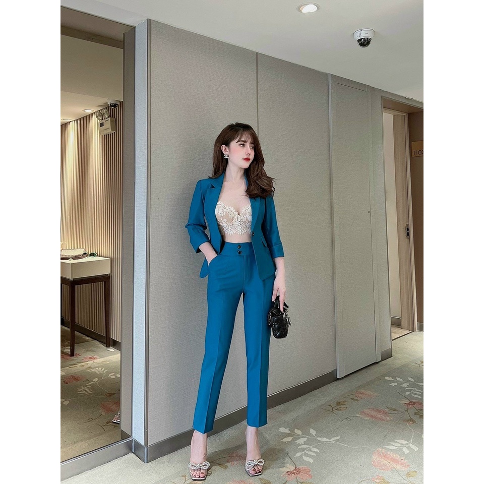 Set Vest nữ công sở trơn áo vest tay lỡ quần tây dài dáng baggy Bộ vest thiết kế MQ Boutique