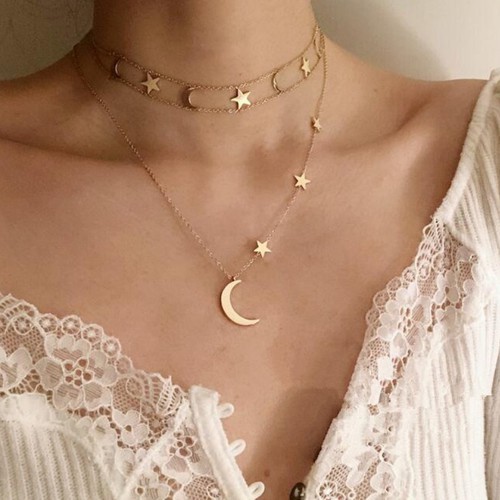 Bộ 2 Sợi Dây Chuyền Choker Trăng Sao Titan Ko Đen TT 2974