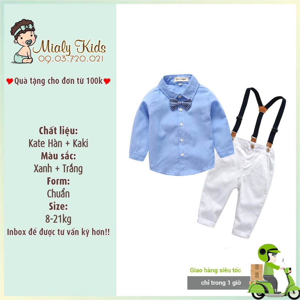 Set yếm công tử quần trắng và áo sơmi xanh Mialy Kids cho bé trai  - Áo sơmi cùng quần kaki mềm đẹp