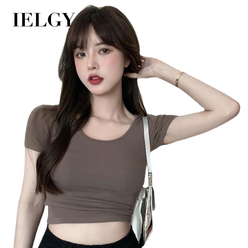 Áo thun croptop IELGY tay ngắn ôm dáng vừa vặn màu trơn thời trang đơn giản dành cho nữ