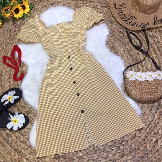 Đầm caro nút bọc chất caro xốp dày dặn [kèm hình thật] | BigBuy360 - bigbuy360.vn