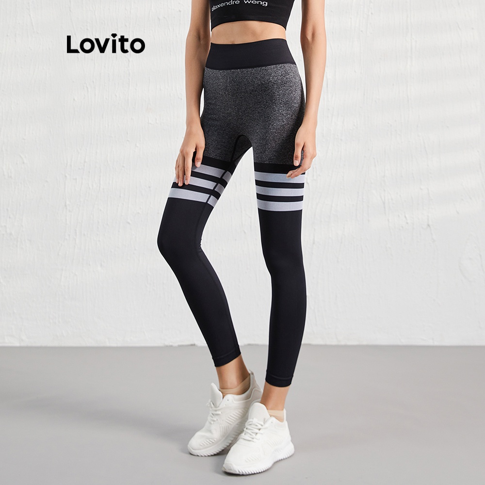 Quần legging thể thao Lovito L07047 co giãn nhanh khô màu đen