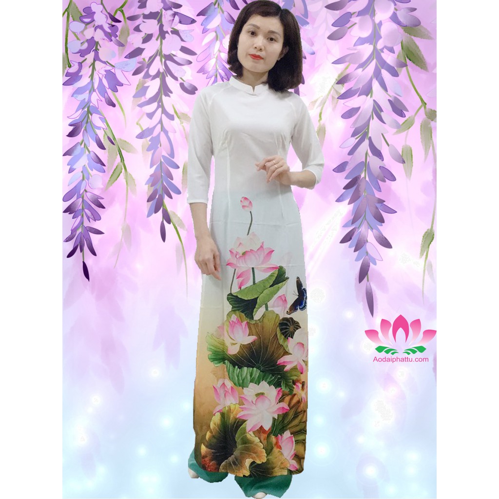 Bộ Áo Dài Truyền Thống 3D Hoa Sen Kèm Quần Lụa Cao Cấp