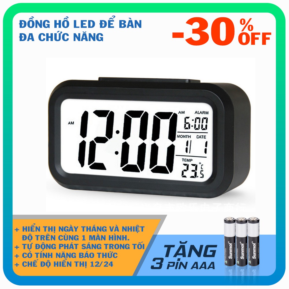 Đồng Hồ Điện Tử Để Bàn Với Đèn LED Đa Chức Năng: Thời Gian, Lịch, Báo Thức, Nhiệt Độ (Đen)