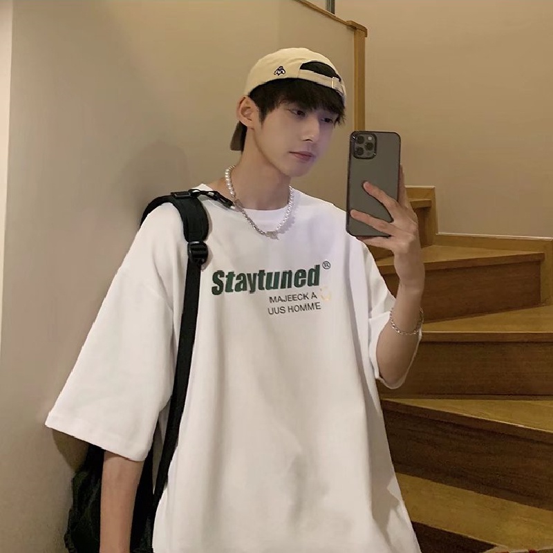 Áo Thun Ngắn Tay Form Rộng Họa Tiết Kẻ Sọc Phong Cách Hàn Quốc Cho Nam