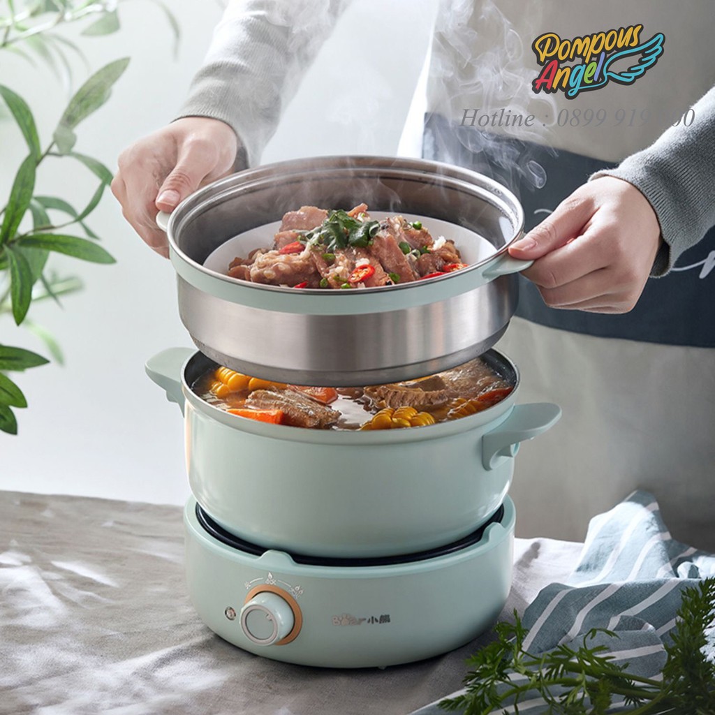 Nồi điện mini 3 tầng đa năng BEAR DHG-B25V1 2.5L  màu xanh đủ bộ